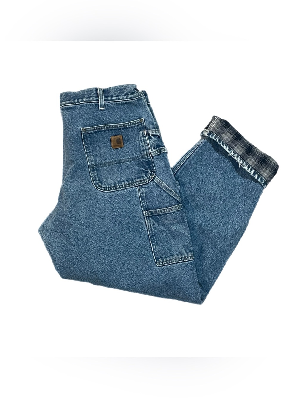 Men’s Carhartt Jeans Plaid Flannel Lined Dungaree Carpenter Fit 38 x 32 Blue